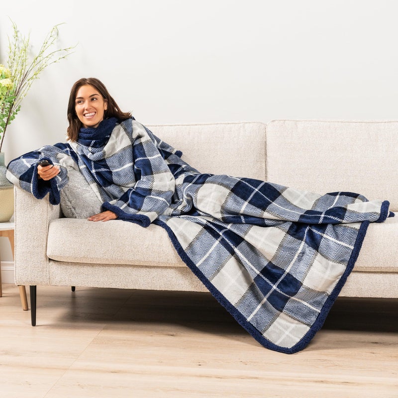PAVILIA PAVILIA Sherpa Wearable Blanket with Sleeves for Adults Women Men  Soft Warm Full Body Wrap Fleece Throw  Pocket  Cozy Pullover Robe Blanket with Arm  Gifts for Christmas Mom Wife  Plaid Navy Blue  - Image 5