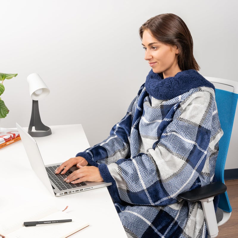 PAVILIA PAVILIA Sherpa Wearable Blanket with Sleeves for Adults Women Men  Soft Warm Full Body Wrap Fleece Throw  Pocket  Cozy Pullover Robe Blanket with Arm  Gifts for Christmas Mom Wife  Plaid Navy Blue  - Image 4