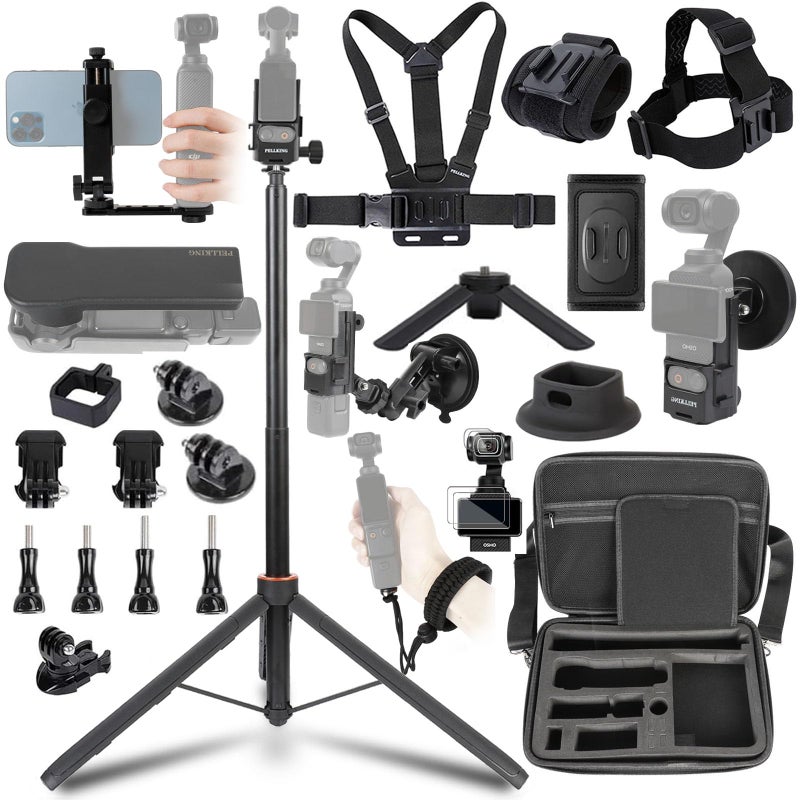 PellKing Accessories Kit for Osmo Pocket 3/Xtra Muse,Included Carrying Case with Belt,135cm Selfie Stick Tripod,Suction Cup,Magnetic Mount,4 Pcs Body Strap Mount,Silicone Base,Mini Tripod and Others - Image 1