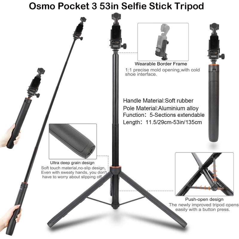 PellKing Accessories Kit for Osmo Pocket 3/Xtra Muse,Included Carrying Case with Belt,135cm Selfie Stick Tripod,Suction Cup,Magnetic Mount,4 Pcs Body Strap Mount,Silicone Base,Mini Tripod and Others - Image 2