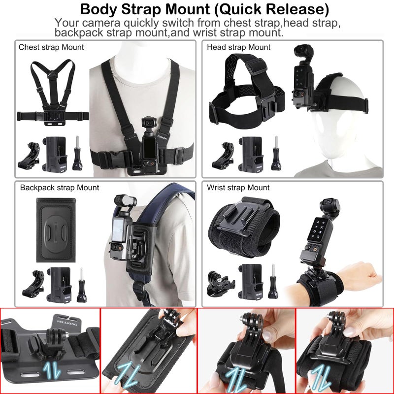 PellKing Accessories Kit for Osmo Pocket 3/Xtra Muse,Included Carrying Case with Belt,135cm Selfie Stick Tripod,Suction Cup,Magnetic Mount,4 Pcs Body Strap Mount,Silicone Base,Mini Tripod and Others - Image 4