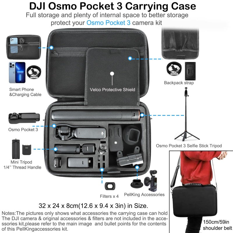 PellKing Accessories Kit for Osmo Pocket 3/Xtra Muse,Included Carrying Case with Belt,135cm Selfie Stick Tripod,Suction Cup,Magnetic Mount,4 Pcs Body Strap Mount,Silicone Base,Mini Tripod and Others - Image 3