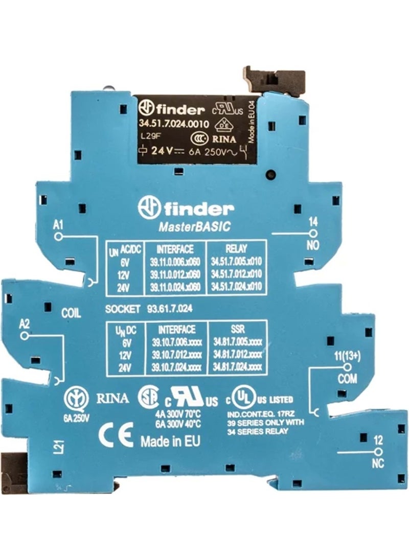 FINDER Fınder 39.11.0.024.0060 (24VAC/DC,1NO/1NC,5P-6A,PRINTED Socket+Slim Relay) 