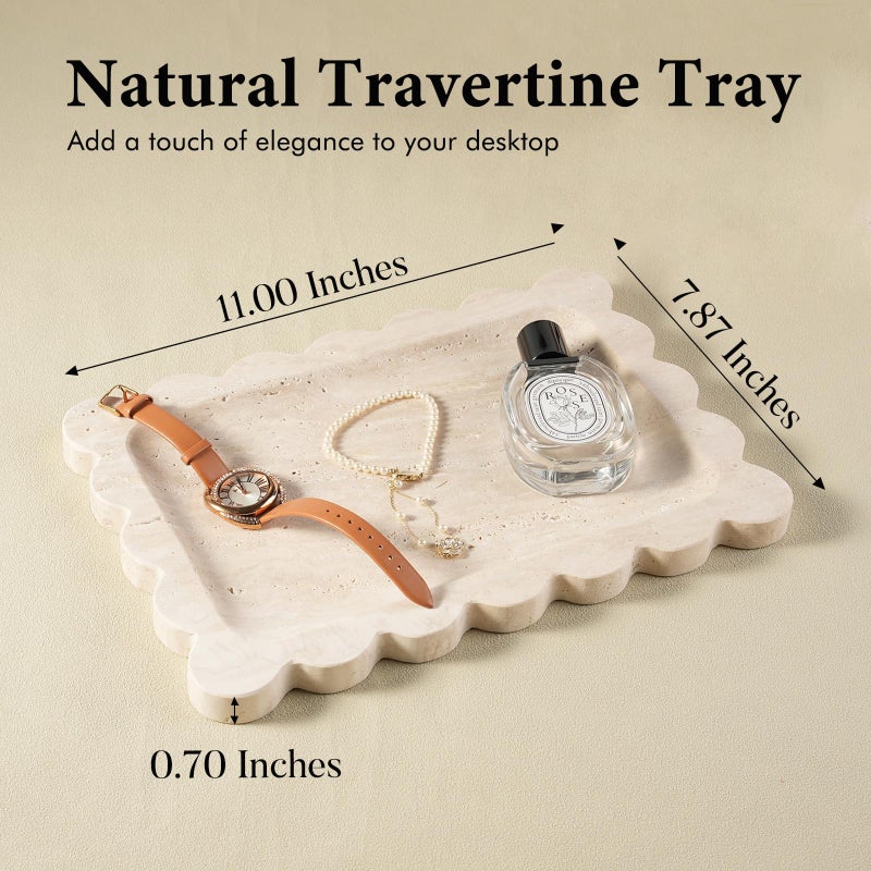 Koville Scalloped Marble Tray, 11"x8" Natural Marble Vanity Tray for Countertop Bathroom Kitchen Dresser, Natural Stone Tray for Jewelry Perfume Home Decor, Decorative Catchall Trays - Image 2