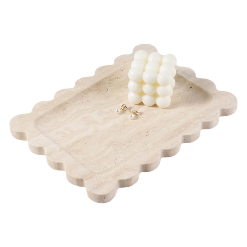 Koville Scalloped Marble Tray, 11"x8" Natural Marble Vanity Tray for Countertop Bathroom Kitchen Dresser, Natural Stone Tray for Jewelry Perfume Home Decor, Decorative Catchall Trays - Image 1