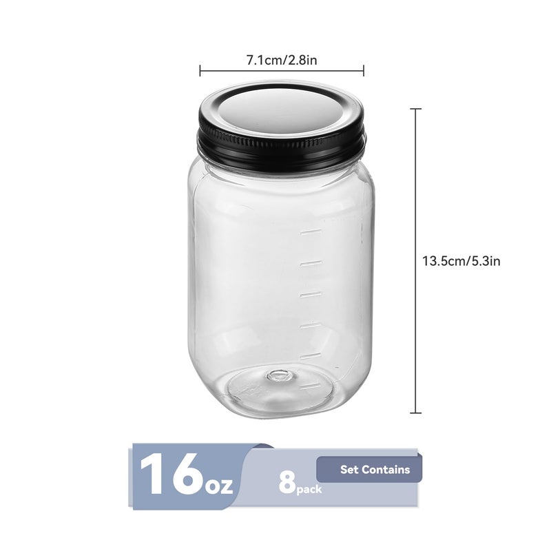 novelinks 16 oz Plastic Mason Jars with Lids, Refillable Clear Plastic Jars with Lids 16oz & Reusable Empty Storage Containers with Lids (Black,8 Pack) - Image 2