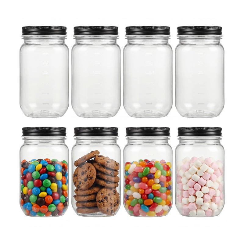 novelinks 16 oz Plastic Mason Jars with Lids, Refillable Clear Plastic Jars with Lids 16oz & Reusable Empty Storage Containers with Lids (Black,8 Pack) - Image 1