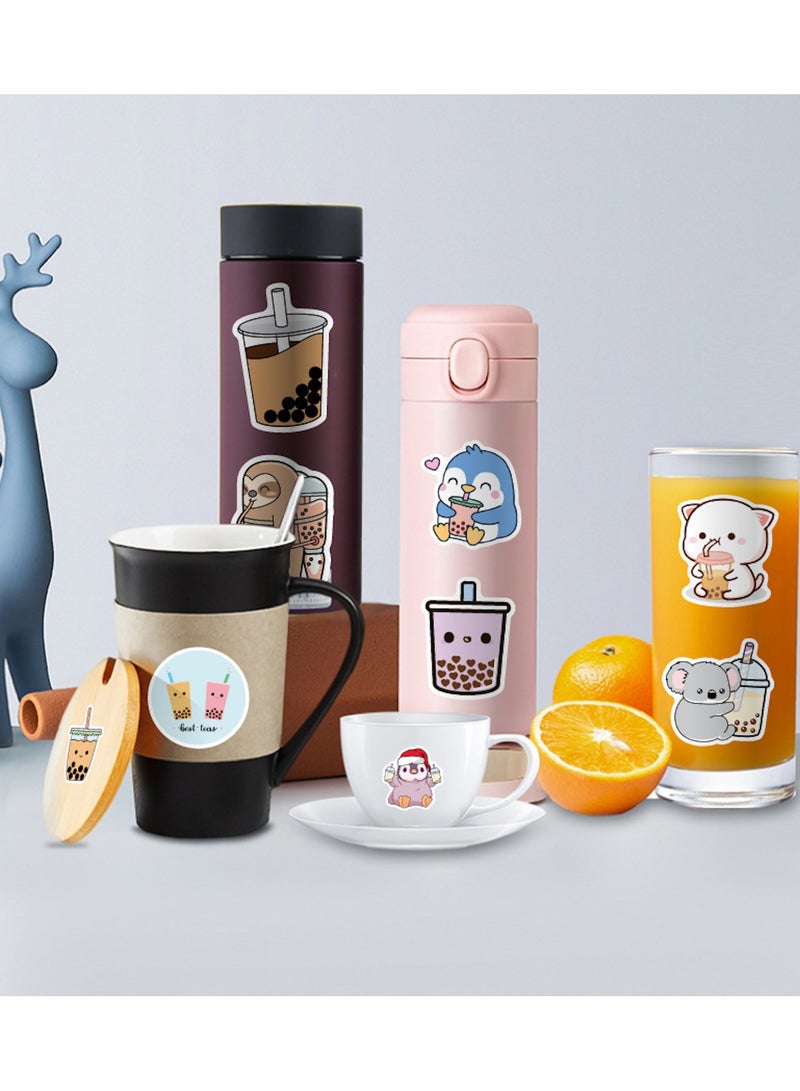 ملصقات بوبا 100 قطعة من ملصقات شاي الفقاعات كاواي وملصقات مشروب الشاي والحليب ملصقات فينيل لطيفة وهدايا ملصقات جمالية حزمة ملصقات زجاجة مياه للمراهقات والفتيات والأطفال - Image 4