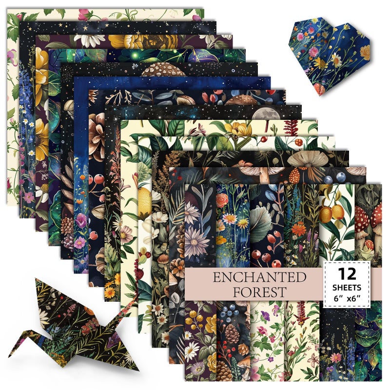 PIGBIT 12 Sheets Fantasy Forest Botanical Scrapbook Paper Set 6" x 6" â€“ Vintage Floral Mushroom Nature Craft Paper for Journaling, Decoupage, Origami, Card Making, DIY Art Projects - Image 3