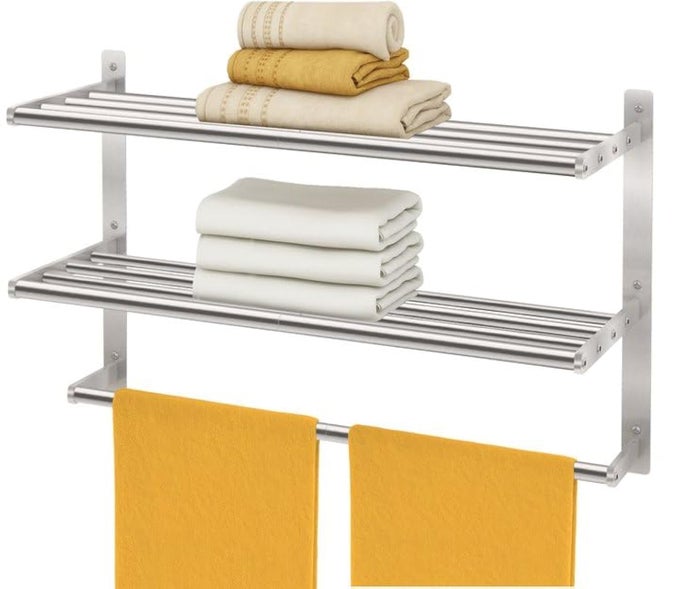 HOTEL TOWEL RACKS FOR BATHROOM WALL MOUNTED 24 INCH TOWEL SHELF FOR BATHROOM 3TIER BATHROOM TOWEL RACK WITH TOWER BARS BRUSHED NICKEL