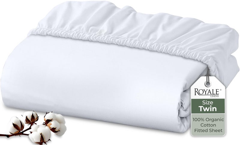 Royale Linens 100% Organic Cotton Fitted Sheet - Percale Weave - Super Soft Deep Pocket Bottom Sheets - White Elastic Sheet Twin Size - Twin Fitted Sheets Only - (39"x75"+15", White) - Image 1
