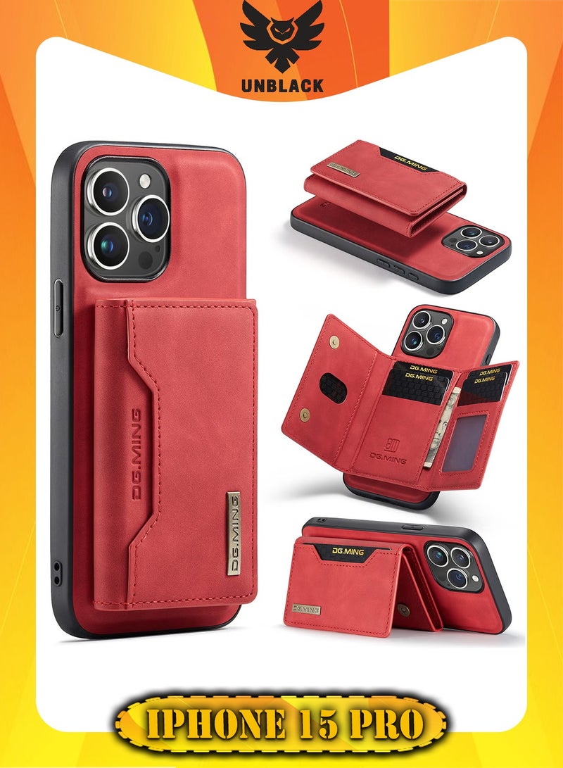 UNBLACK Wallet Case for Apple iPhone 15 Pro, DG.MING Premium Leather Phone Case Back Cover Magnetic Detachable with Trifold Wallet Card Holder Pocket (Red)  - Image 1
