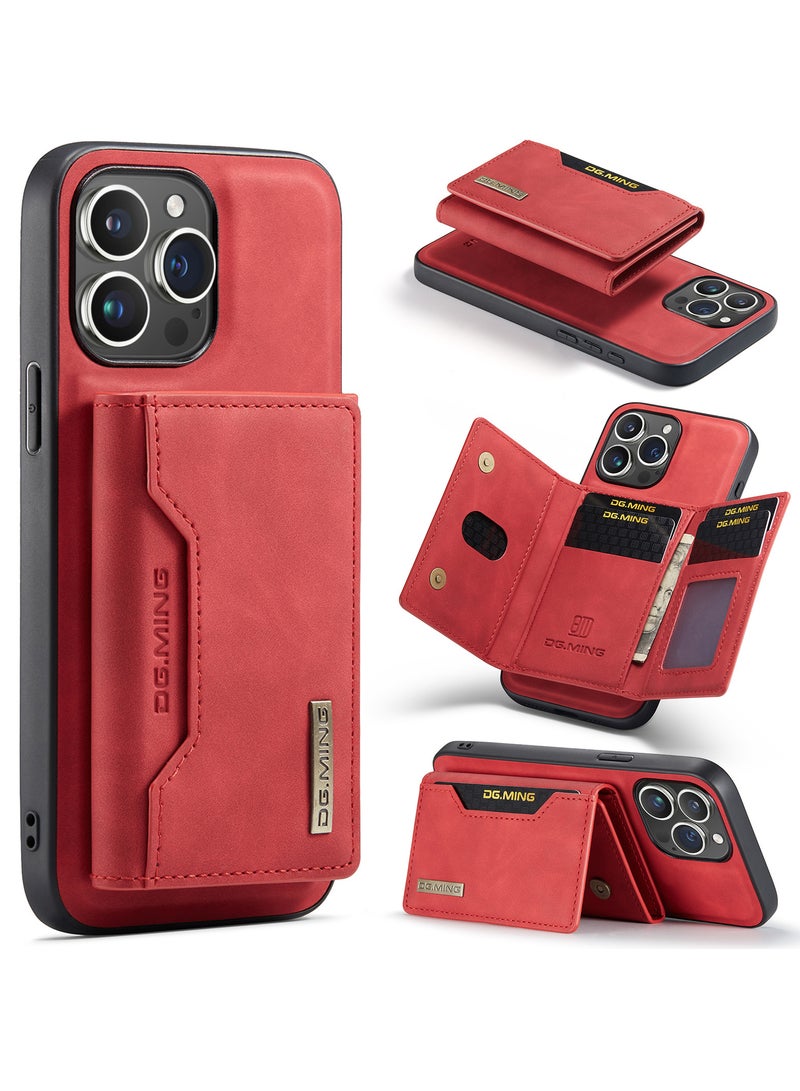 UNBLACK Wallet Case for Apple iPhone 15 Pro, DG.MING Premium Leather Phone Case Back Cover Magnetic Detachable with Trifold Wallet Card Holder Pocket (Red)  - Image 2