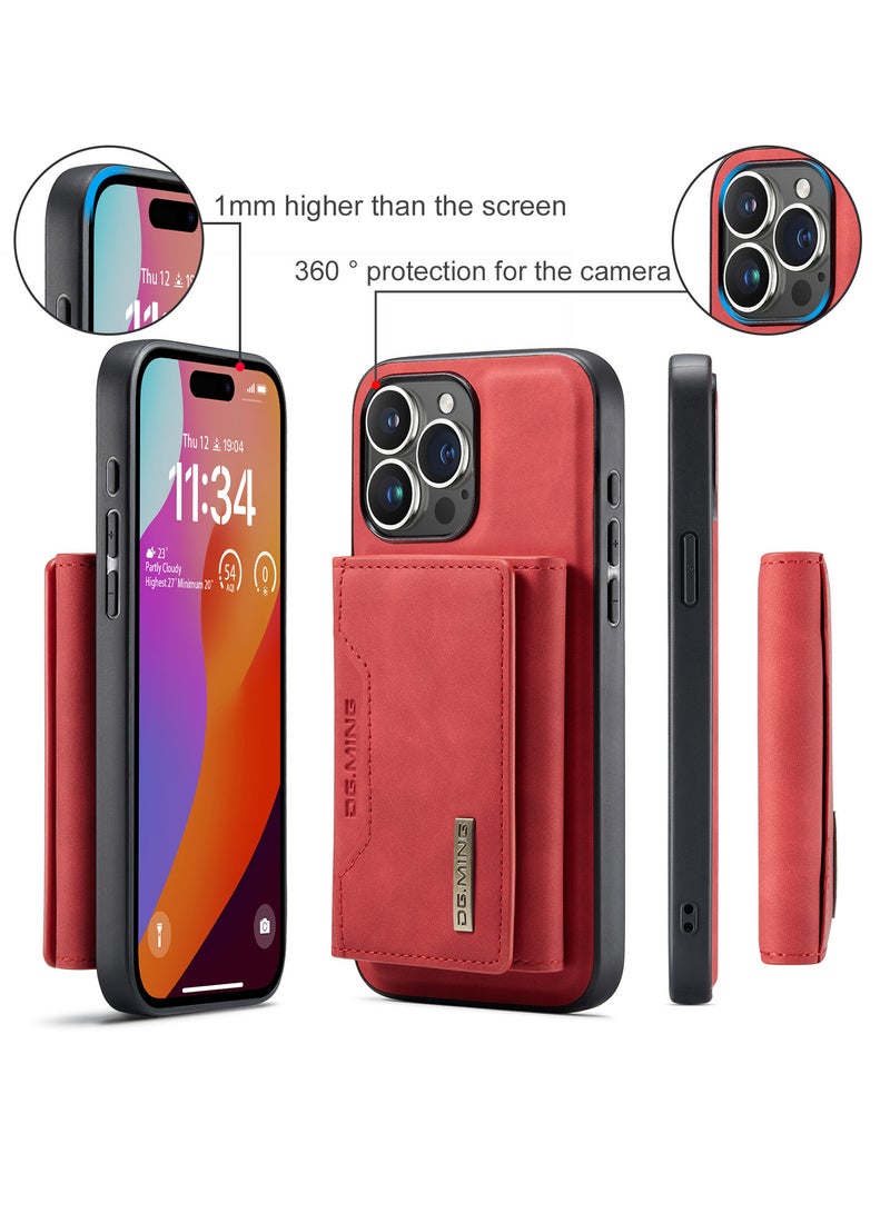 UNBLACK Wallet Case for Apple iPhone 15 Pro, DG.MING Premium Leather Phone Case Back Cover Magnetic Detachable with Trifold Wallet Card Holder Pocket (Red)  - Image 3