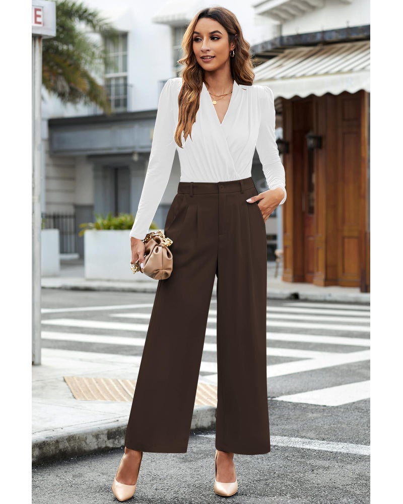 GRAPENT Dressy Flowy Pants for Women High Waisted Wide Leg Trousers Womens Slacks Elastic Waist with Pockets Wide Leg Pants Brown Pants Palazzo Color Petite Chocolate Brown Size Small Size 4 Size 6 - Image 5