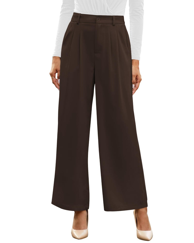 GRAPENT Dressy Flowy Pants for Women High Waisted Wide Leg Trousers Womens Slacks Elastic Waist with Pockets Wide Leg Pants Brown Pants Palazzo Color Petite Chocolate Brown Size Small Size 4 Size 6 - Image 1