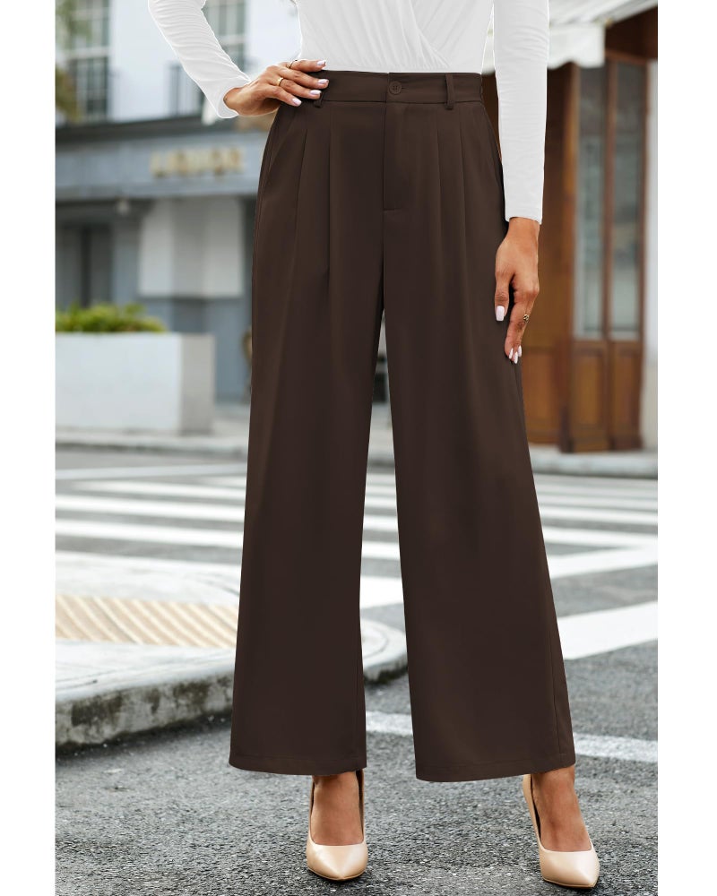 GRAPENT Dressy Flowy Pants for Women High Waisted Wide Leg Trousers Womens Slacks Elastic Waist with Pockets Wide Leg Pants Brown Pants Palazzo Color Petite Chocolate Brown Size Small Size 4 Size 6 - Image 3