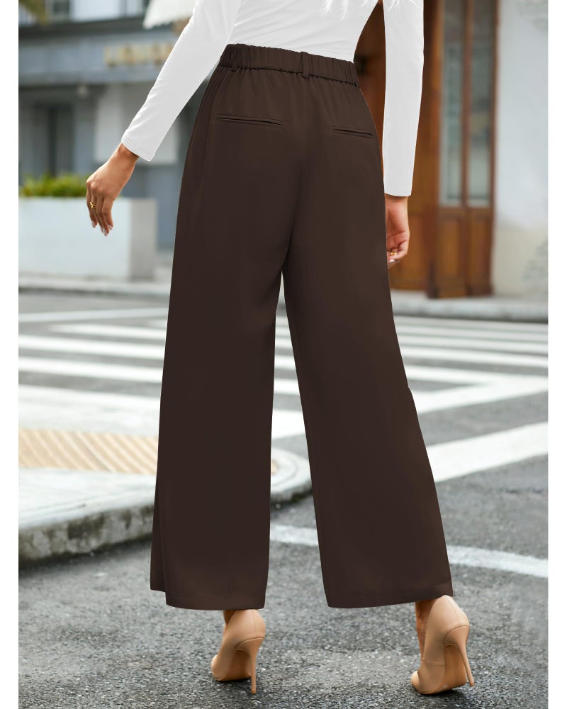 GRAPENT Dressy Flowy Pants for Women High Waisted Wide Leg Trousers Womens Slacks Elastic Waist with Pockets Wide Leg Pants Brown Pants Palazzo Color Petite Chocolate Brown Size Small Size 4 Size 6 - Image 2