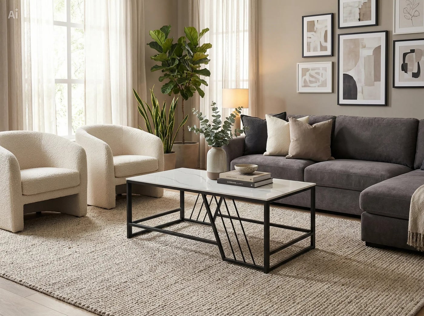 MAF Modern Marble Coffee Table | Rectangular Center Table with Textured Top | Black Steel Legs | Minimalist Tea Table for Living Room, Dining Room, Office MAF-7903 WHITE