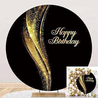 OFILA Black and Gold Round Backdrop 7.2ft Shining Gold Happy Birthday Round Photography Backdrop Women Man Birthday - Image 1