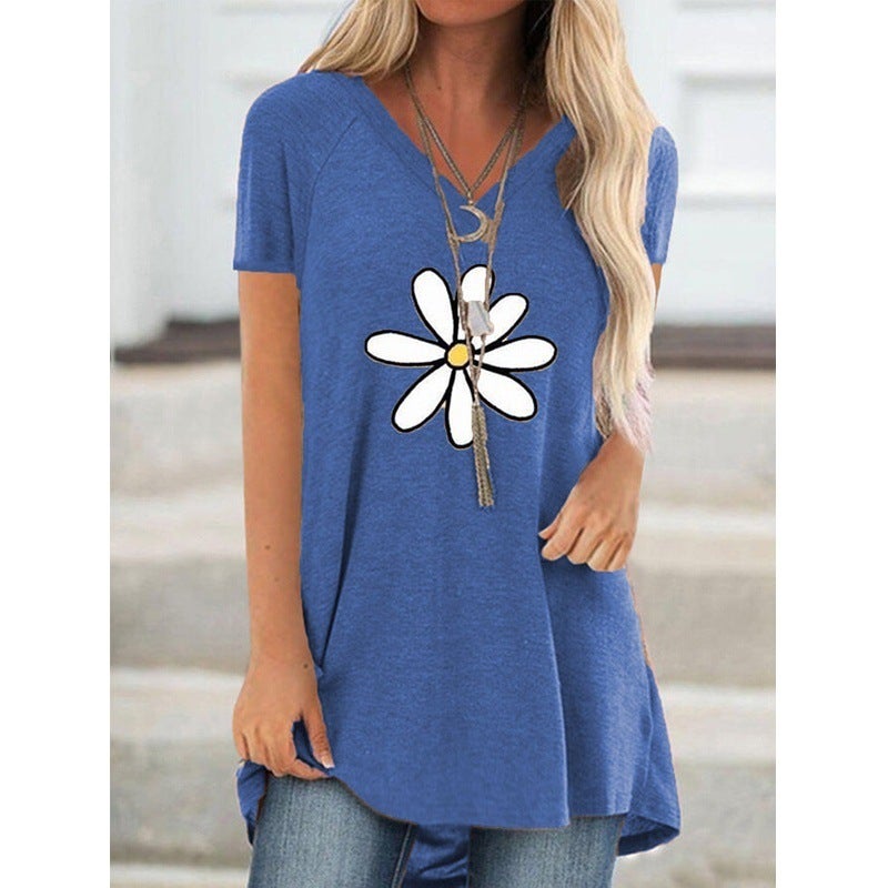 Spot goods! Summer women's fashion v-neck short-sleeved shirt loose print top casual pullover large size t-shirt women gray XL - Image 5
