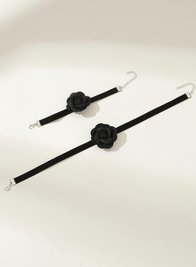 Take Two Pack of 2 - Black Flower Choker Necklace and Bracelet - Image 1