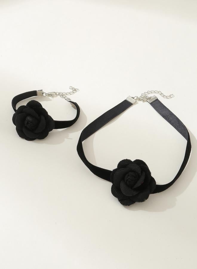 Take Two Pack of 2 - Black Flower Choker Necklace and Bracelet - Image 3