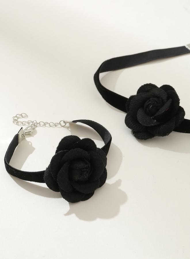 Take Two Pack of 2 - Black Flower Choker Necklace and Bracelet - Image 2