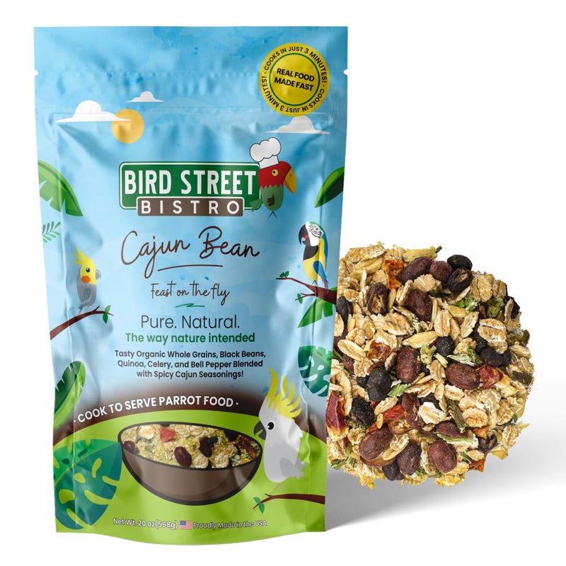 Bird Street Bistro Parrot Food for Parakeets & Cockatiels - Cajun Bean - 20 oz - Cooks in 3-15 min, Natural & Organic Grains, Fruits & Vegetables - USA Made - Image 1
