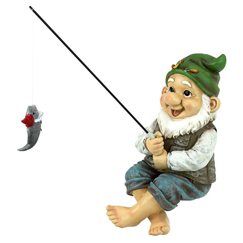Design Toscano Ziggy with Fishing Pole Garden Gnome Indoor/Outdoor Shelf Sitter Statue, 9 Inch Tall, Cast Stone Resin, Full Color Finish - Image 1