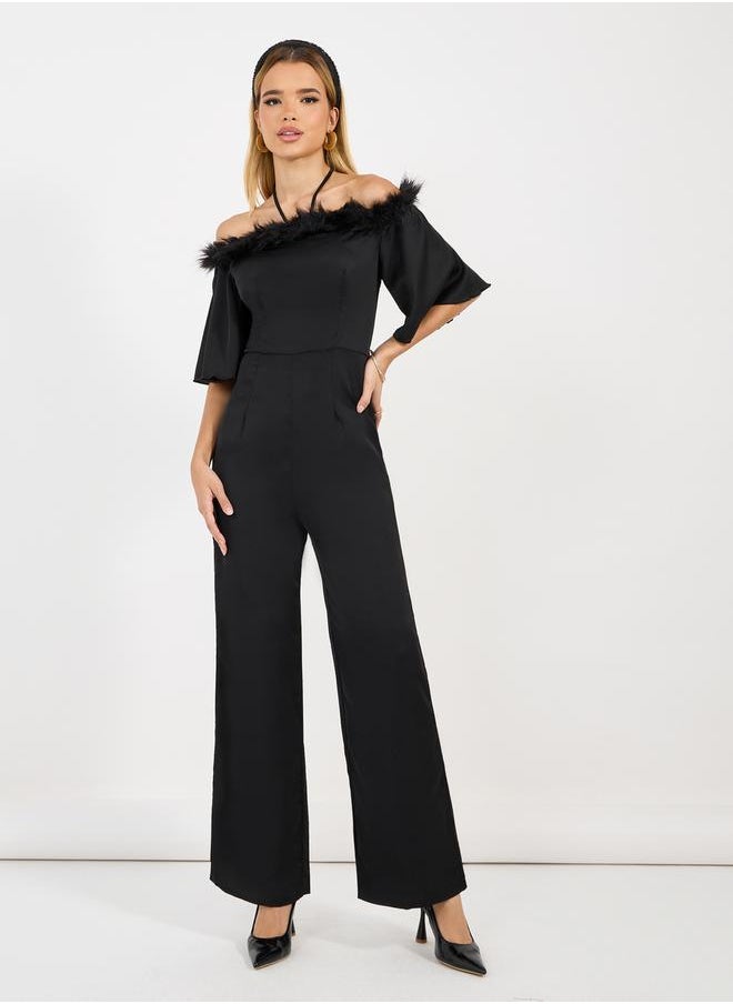 Styli - Faux Feather Trim Wide Leg Jumpsuit - Image 1