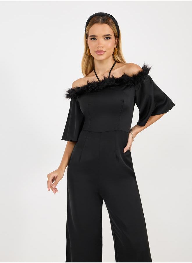 Styli - Faux Feather Trim Wide Leg Jumpsuit - Image 1