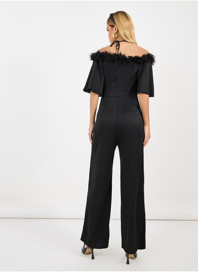 Styli - Faux Feather Trim Wide Leg Jumpsuit - Image 1