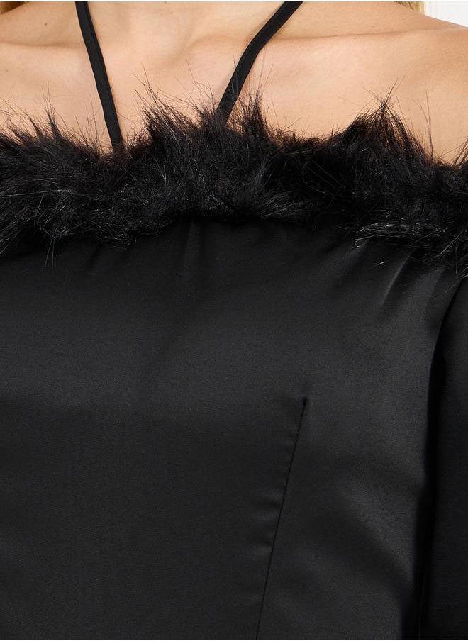 Styli - Faux Feather Trim Wide Leg Jumpsuit - Image 1