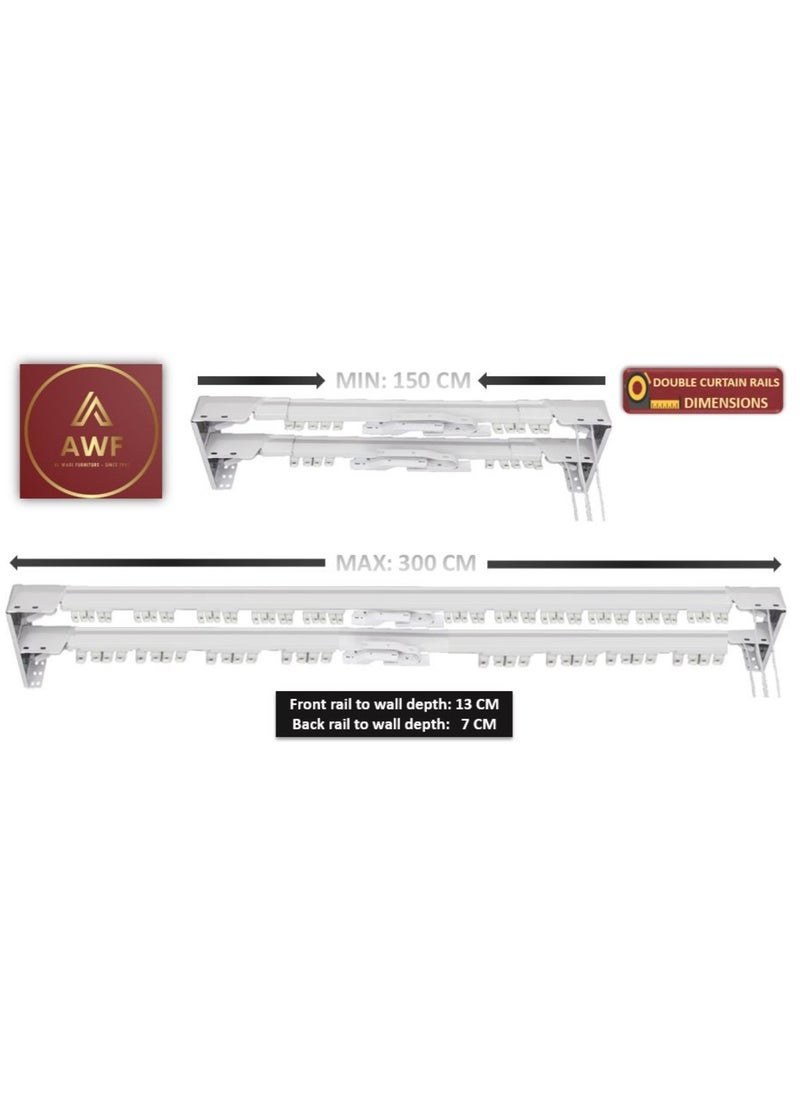 AL WADI FURNITURE - Heavy Duty Ultra Corded Double Adjustable Extendable Traverse Curtain Rails Curtain Tracks with Curtain Hanging Pinch Pleat 4 Prongs Hooks, 150 – 300 cm, WHITE - Image 1