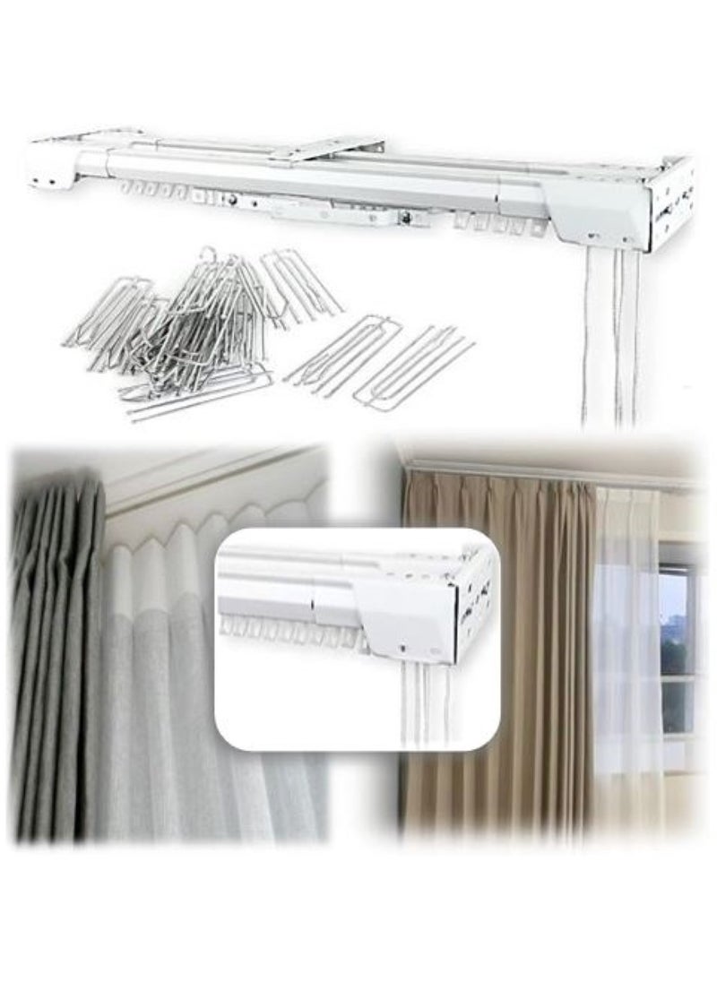 AL WADI FURNITURE - Heavy Duty Ultra Corded Double Adjustable Extendable Traverse Curtain Rails Curtain Tracks with Curtain Hanging Pinch Pleat 4 Prongs Hooks, 150 – 300 cm, WHITE - Image 1