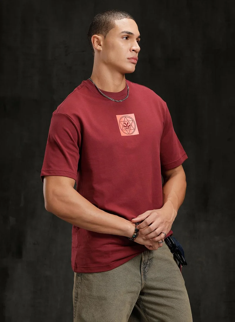 روجن Zen Back Printed T-Shirt | Maroon