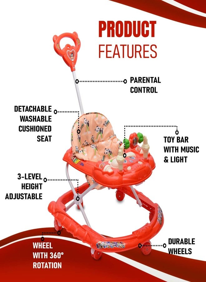 KIDBITKART 360 Baby Walker Kids Waker Activity Rattle Toys for Babies Cycle, Adjustable Height, Thick, Safe & Comfortable Seat, Rotatable Wheel, Music & Parent Handel Rod, for 6 to 20 Months (Red) - Image 5