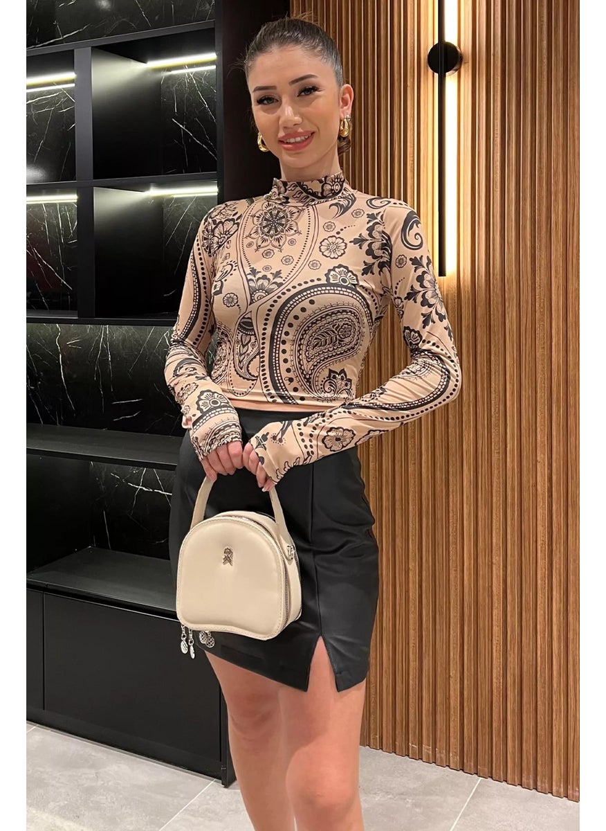 Gülseli Half Turtleneck Women's Croptop Blouse with Rose Pattern  - Image 1