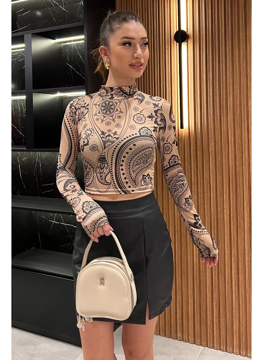 Gülseli Half Turtleneck Women's Croptop Blouse with Rose Pattern  - Image 2