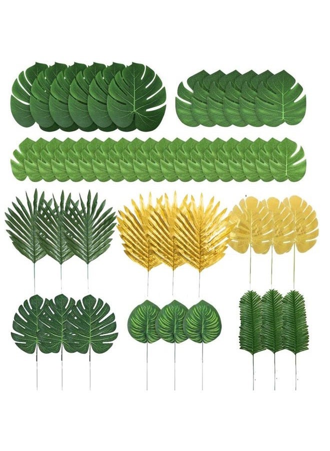 LOMIRO 78 Pieces 9 Kinds Artificial Tropical Leaf Jungle Leaves Golden Plant Safari Leaves Decorations for Hawaiian Party Decorations Beach Birthday Luau Party Decorations - Image 1
