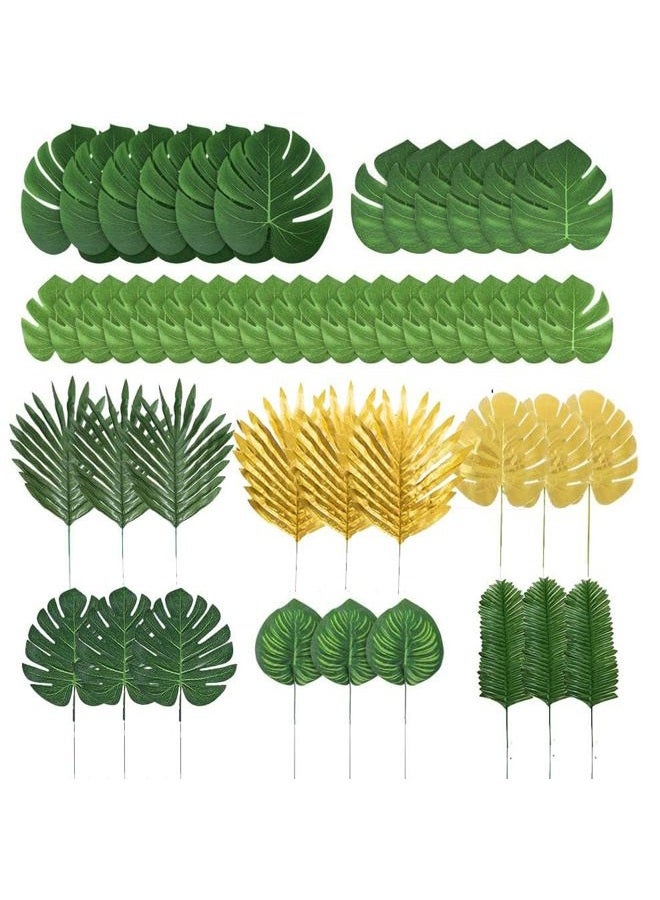 LOMIRO 78 Pieces 9 Kinds Artificial Tropical Leaf Jungle Leaves Golden Plant Safari Leaves Decorations for Hawaiian Party Decorations Beach Birthday Luau Party Decorations - Image 2