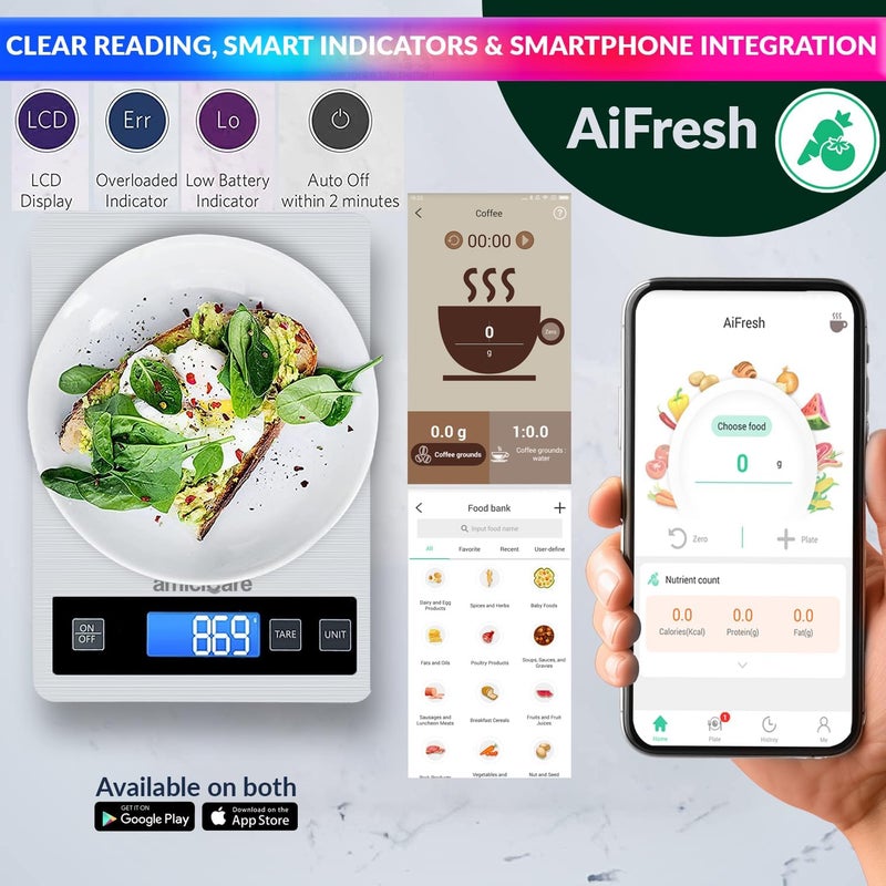 amiciCare Digital Food Nutrition Measurement Scale 5G15Kg 1G Precision Aifresh Mobile App Compatible For Monitoring Nutritional ValueBlack - Image 2