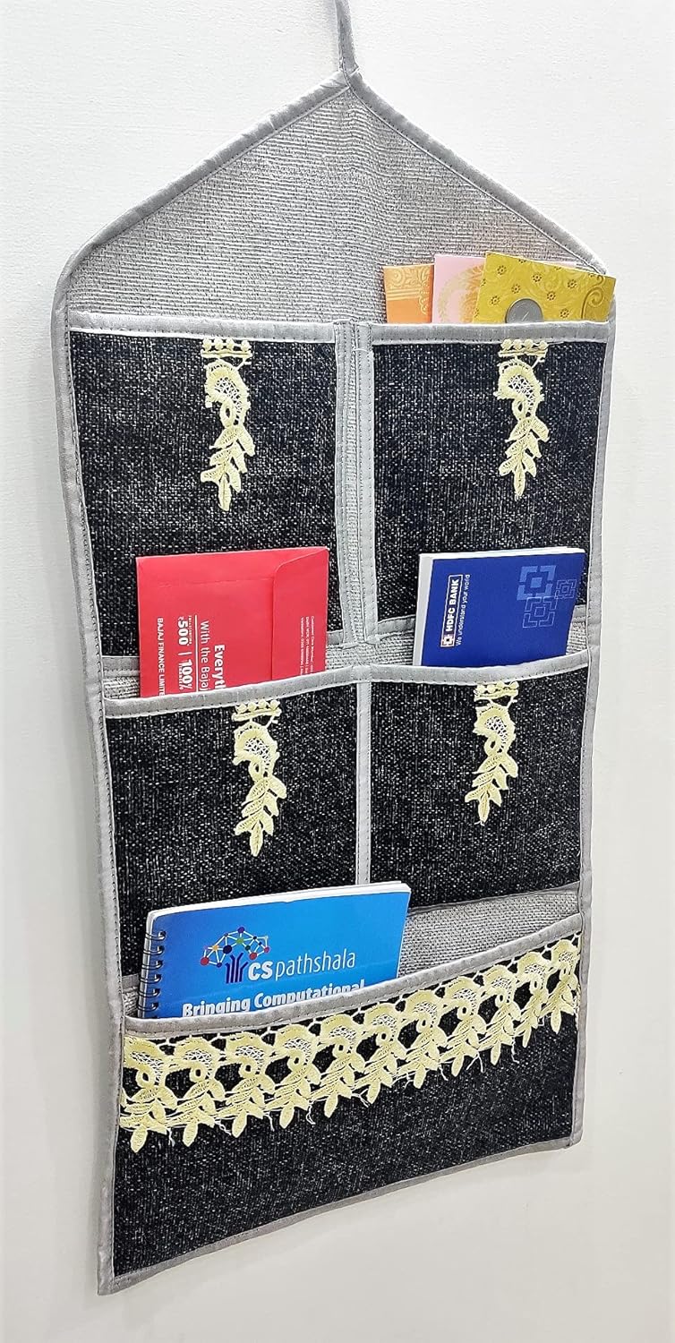 GROKI Jute & Cotton Multiuse Wall Hanging Storage 5 Pockets Organizer Letter Magazine Holder for Home Office - Black - Image 2