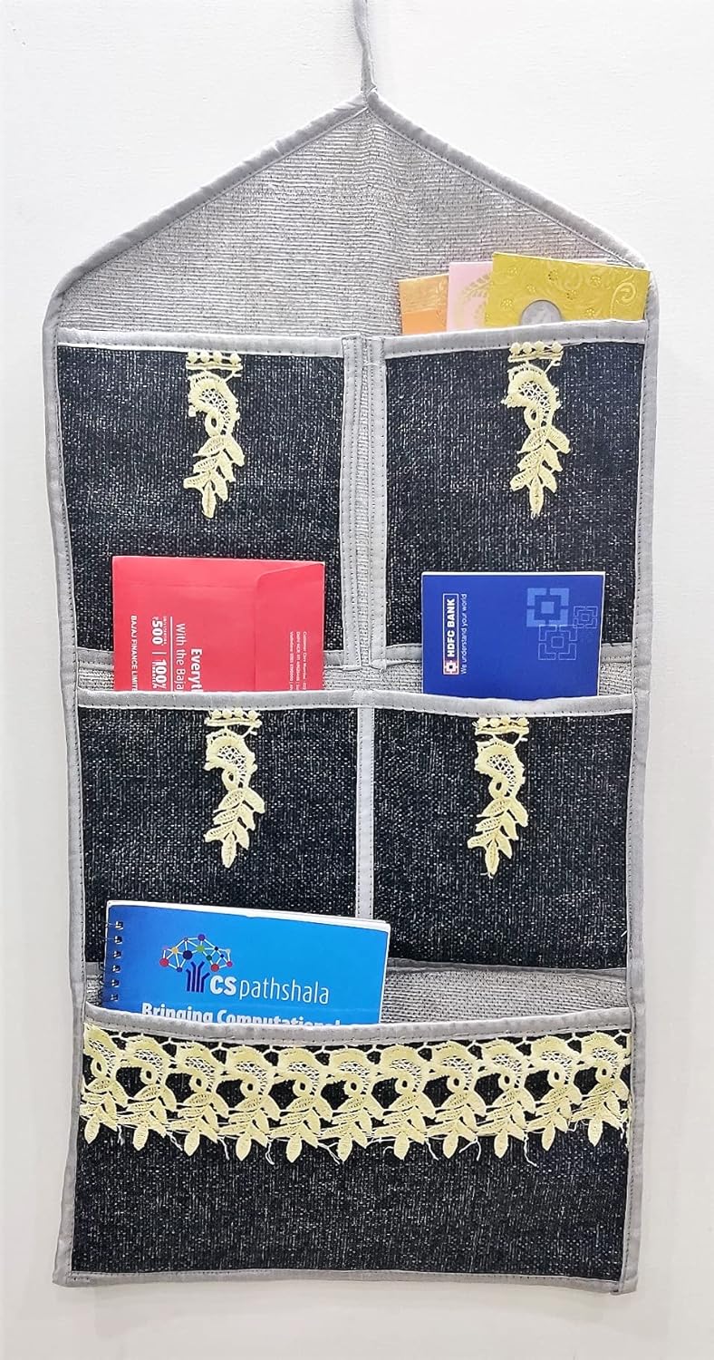 GROKI Jute & Cotton Multiuse Wall Hanging Storage 5 Pockets Organizer Letter Magazine Holder for Home Office - Black - Image 1
