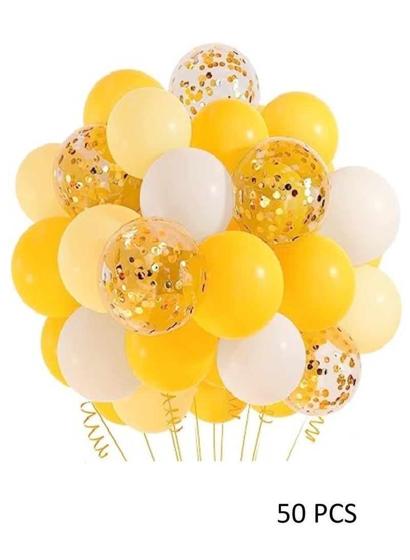 Boxwoods Yellow White Balloons With Golden Confetti For Mehindi Ceremony Decoration - Image 1