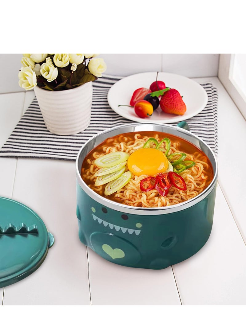 SYOSI Lovely Dinosaur Stainless Steel Noodle Bowl, Noodle Bowl Lid and Handles, Ramen Bowl, Noodle Bowl, Soup Mug Bowl, Suitable for Soup Rice Cereal (Green) - Image 3