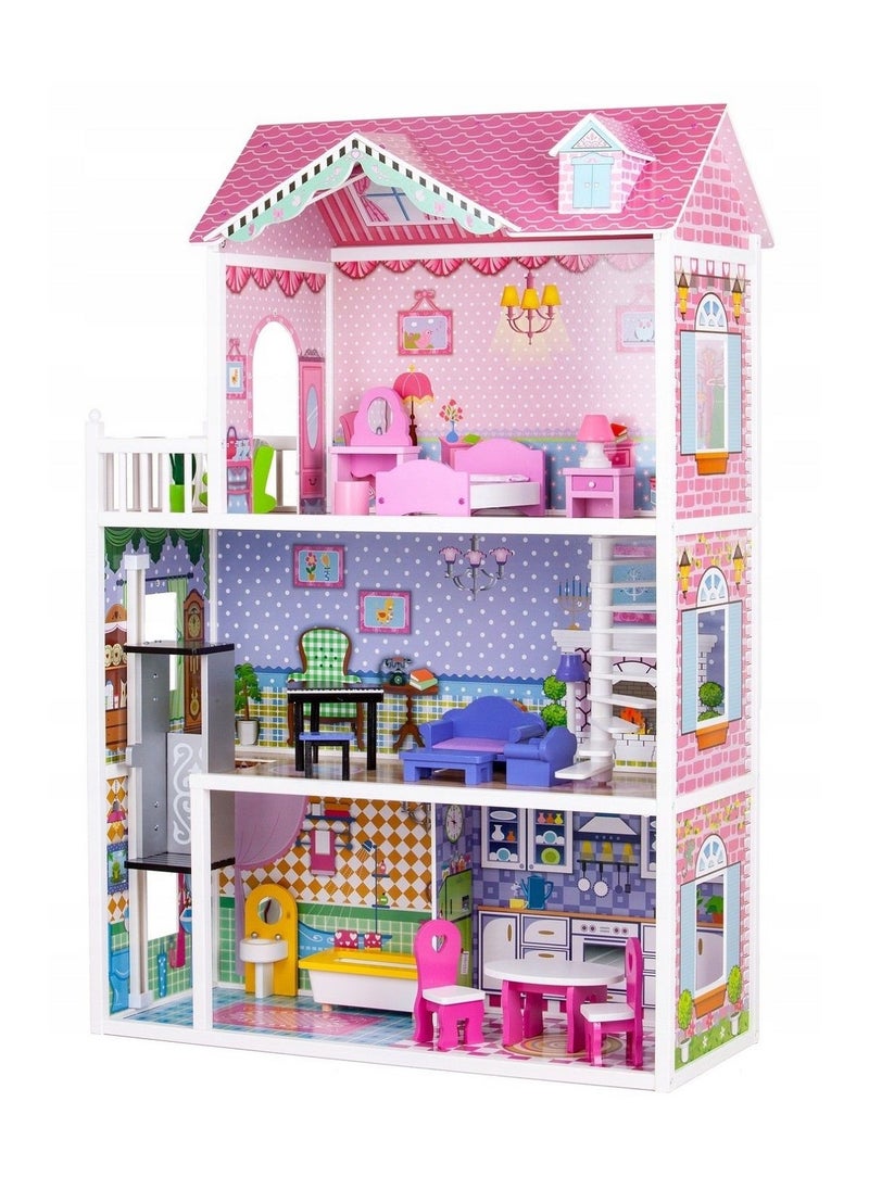 Generic - Kids Wooden Dollhouse with Working Elevator – 3-Story DIY Pretend Play Doll House with Rotatable Staircase, Simulated Rooms & 10 Furniture Accessories, Ideal Gift for Toddlers Ages 3+ - Image 1