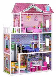 Kids Wooden Dollhouse with Working Elevator – 3-Story DIY Pretend Play Doll House with Rotatable Staircase, Simulated Rooms & 10 Furniture Accessories, Ideal Gift for Toddlers Ages 3+