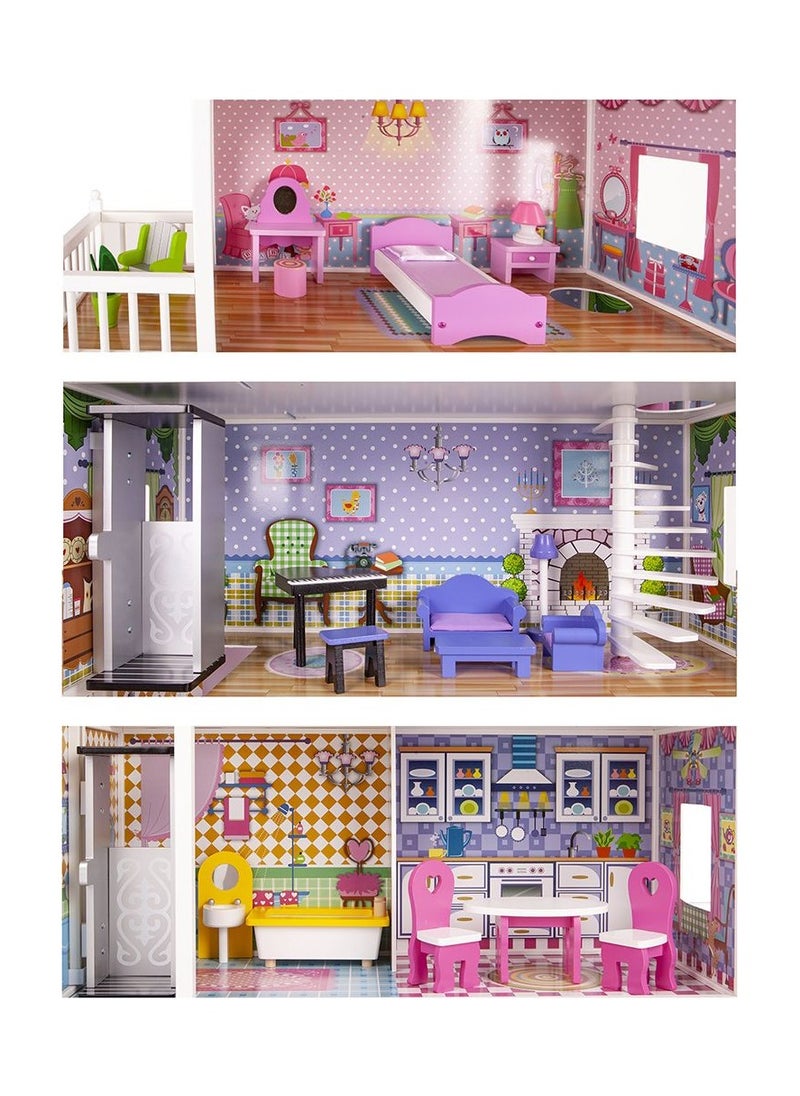 Generic - Kids Wooden Dollhouse with Working Elevator – 3-Story DIY Pretend Play Doll House with Rotatable Staircase, Simulated Rooms & 10 Furniture Accessories, Ideal Gift for Toddlers Ages 3+ - Image 1